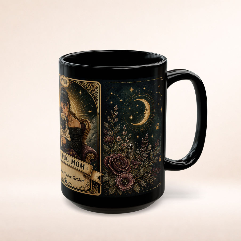 Personalized black coffee mug featuring vintage tarot-style design and "The Pug Mom" text, ideal for custom gift or collection.