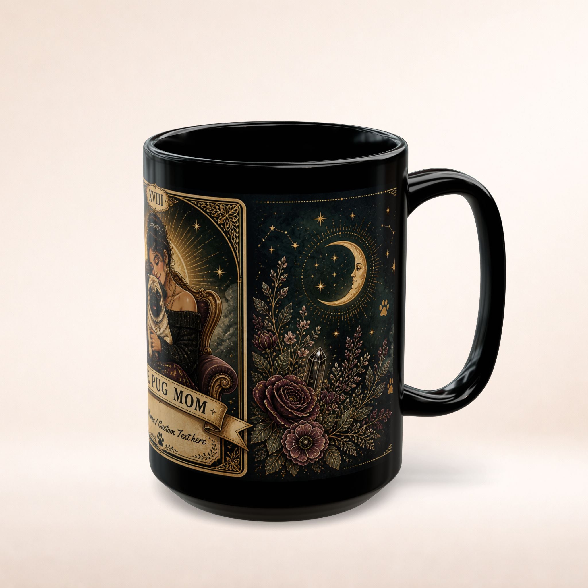Personalized black coffee mug featuring vintage tarot-style design and "The Pug Mom" text, ideal for custom gift or collection.