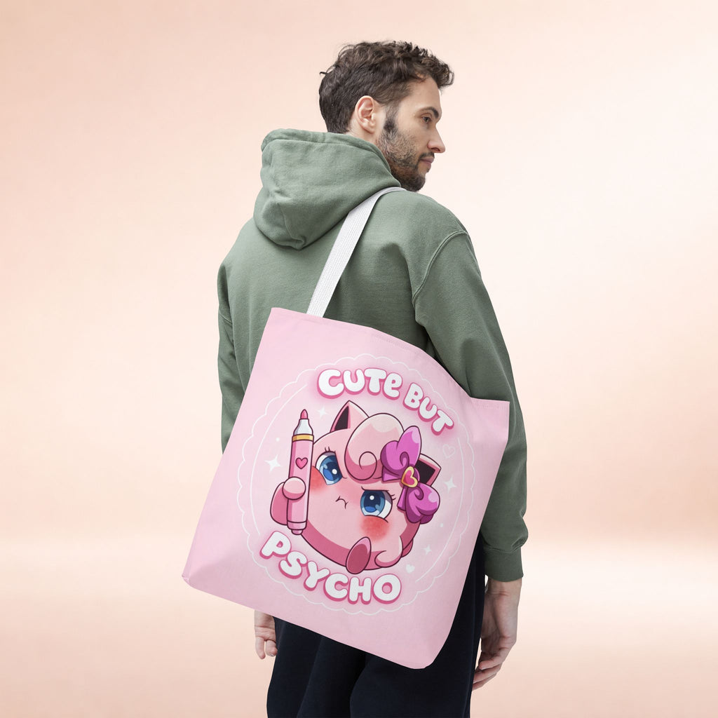 Pink "Cute But Psycho" tote bag by Printify, kawaii style shopper bag with bold text and playful design.