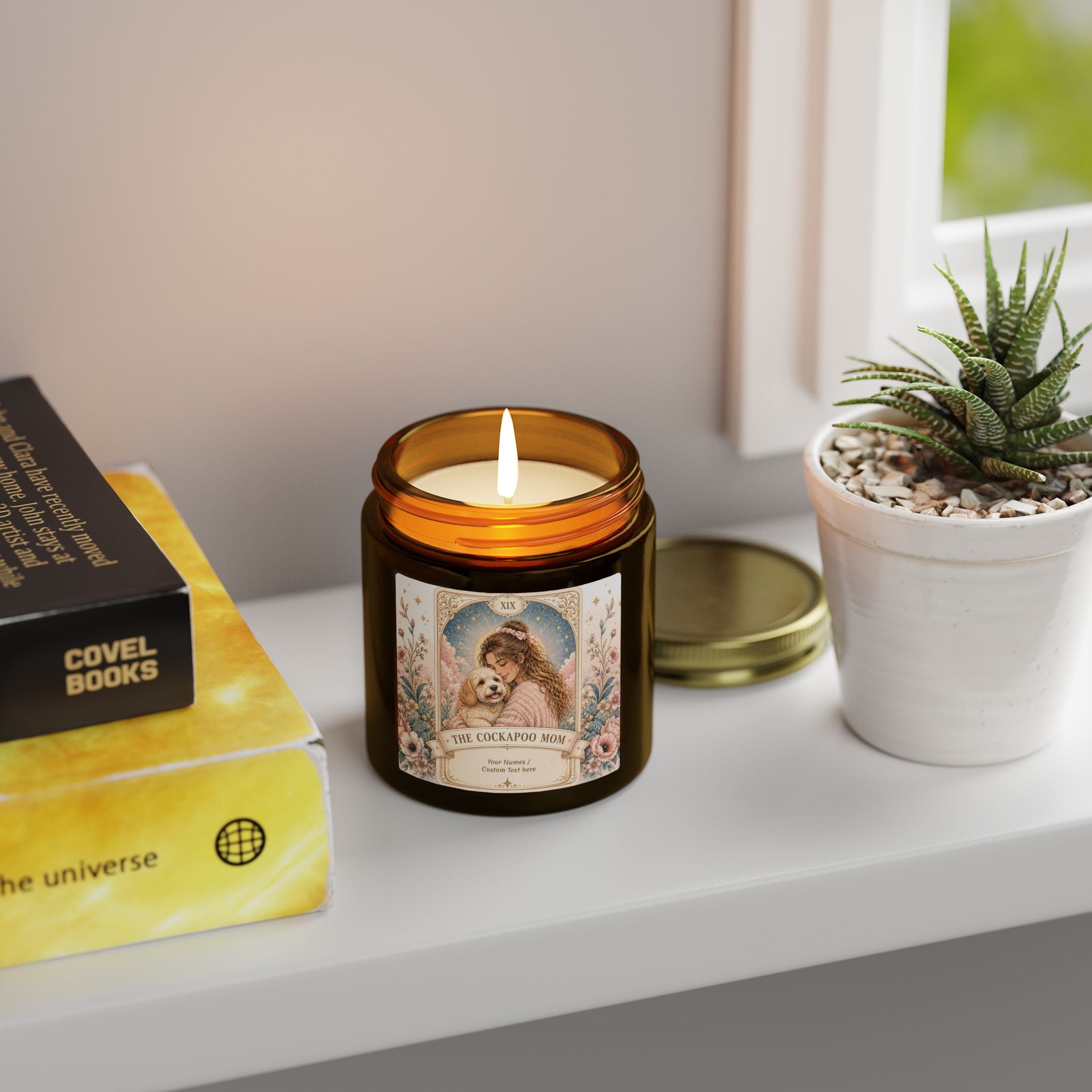 Personalized Tarot 'The Cockapoo Mom' scented candle with coconut apricot aroma, available in 4oz and 9oz sizes.