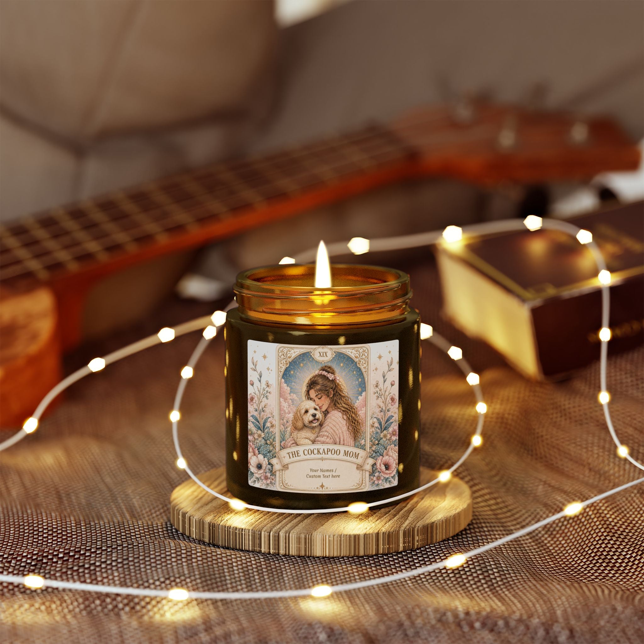 Personalized Tarot 'The Cockapoo Mom' scented candle by Printify in coconut apricot scent, 4oz or 9oz, with custom design.