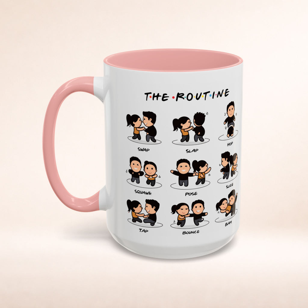 Friends-inspired funny 'The Routine' accent coffee mug by Printify featuring a humorous design on a ceramic mug.