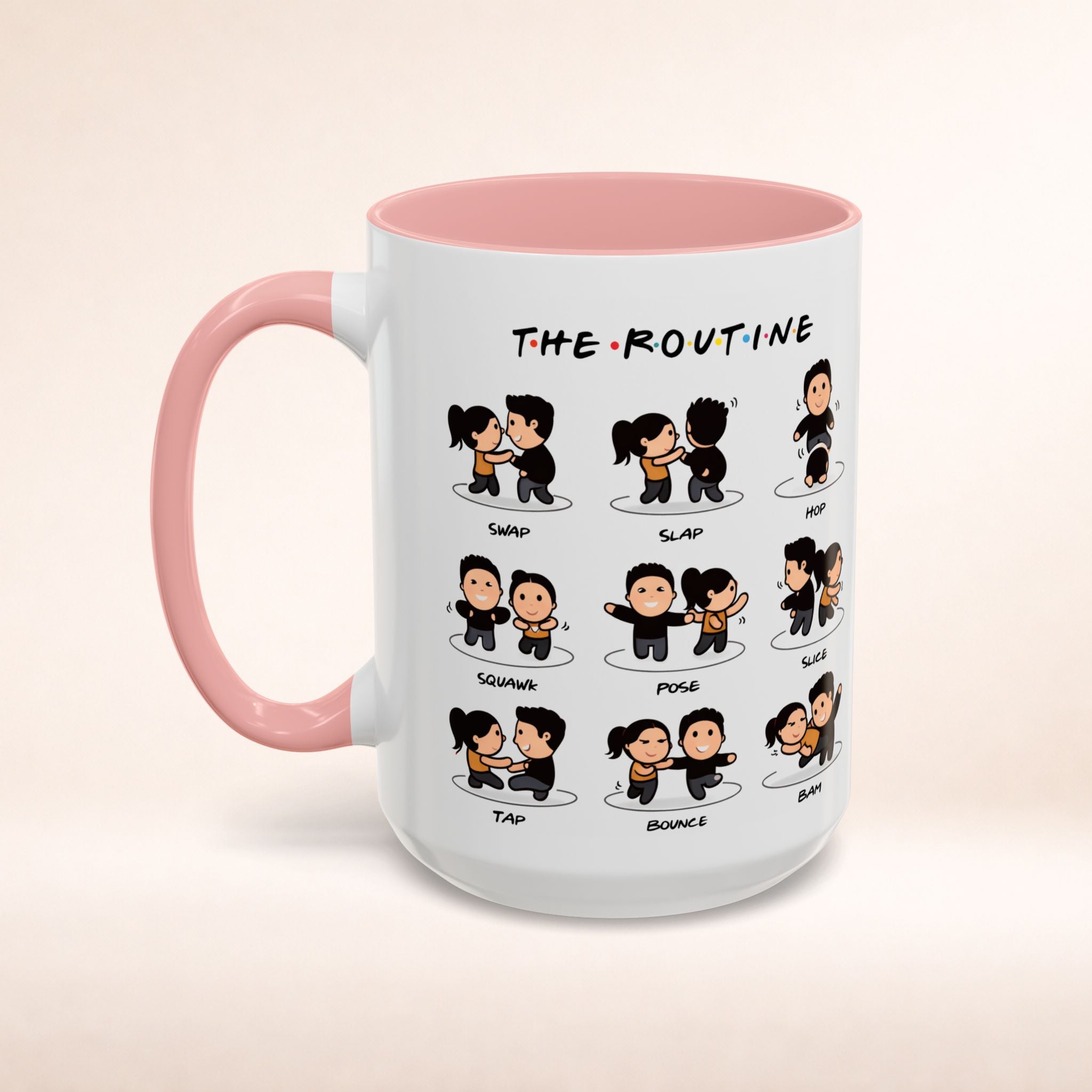 Friends-inspired funny 'The Routine' accent coffee mug by Printify featuring a humorous design on a ceramic mug.