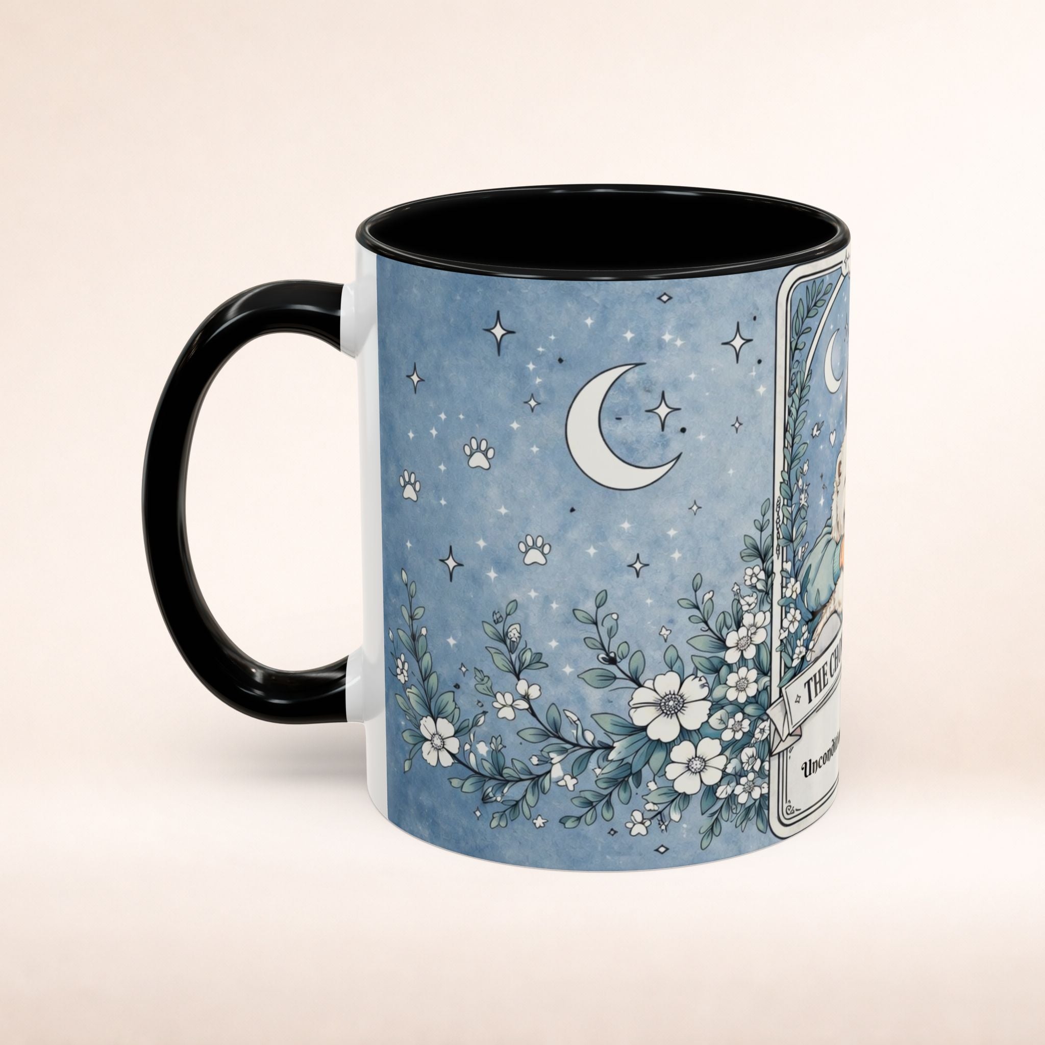 Personalized Chow Chow Mom tarot card mug with custom name, dog lover coffee cup featuring a Chow Chow illustration and love theme.