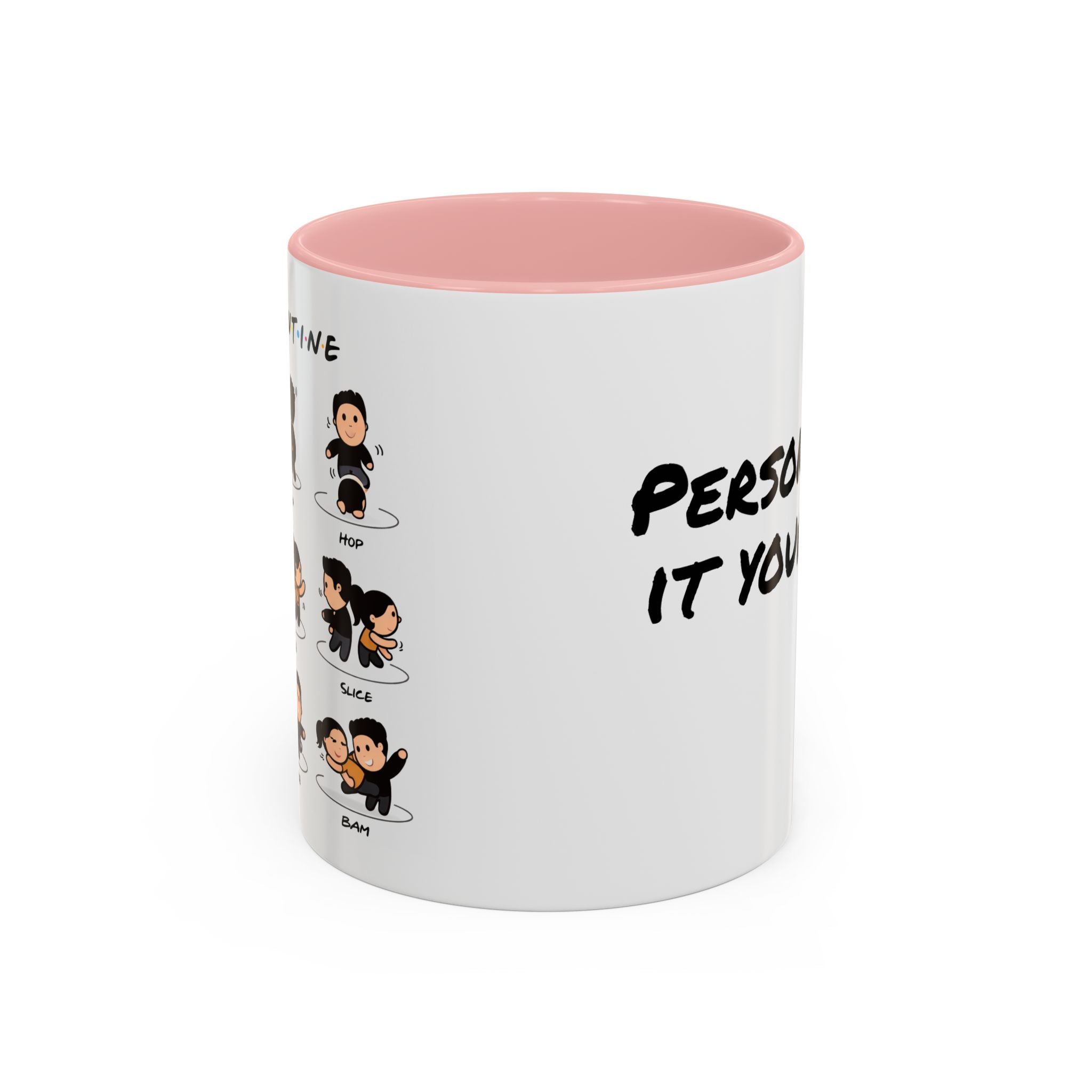 Friends-inspired funny "The Routine" accent coffee mug with cheerful design, perfect for fans of the TV show.