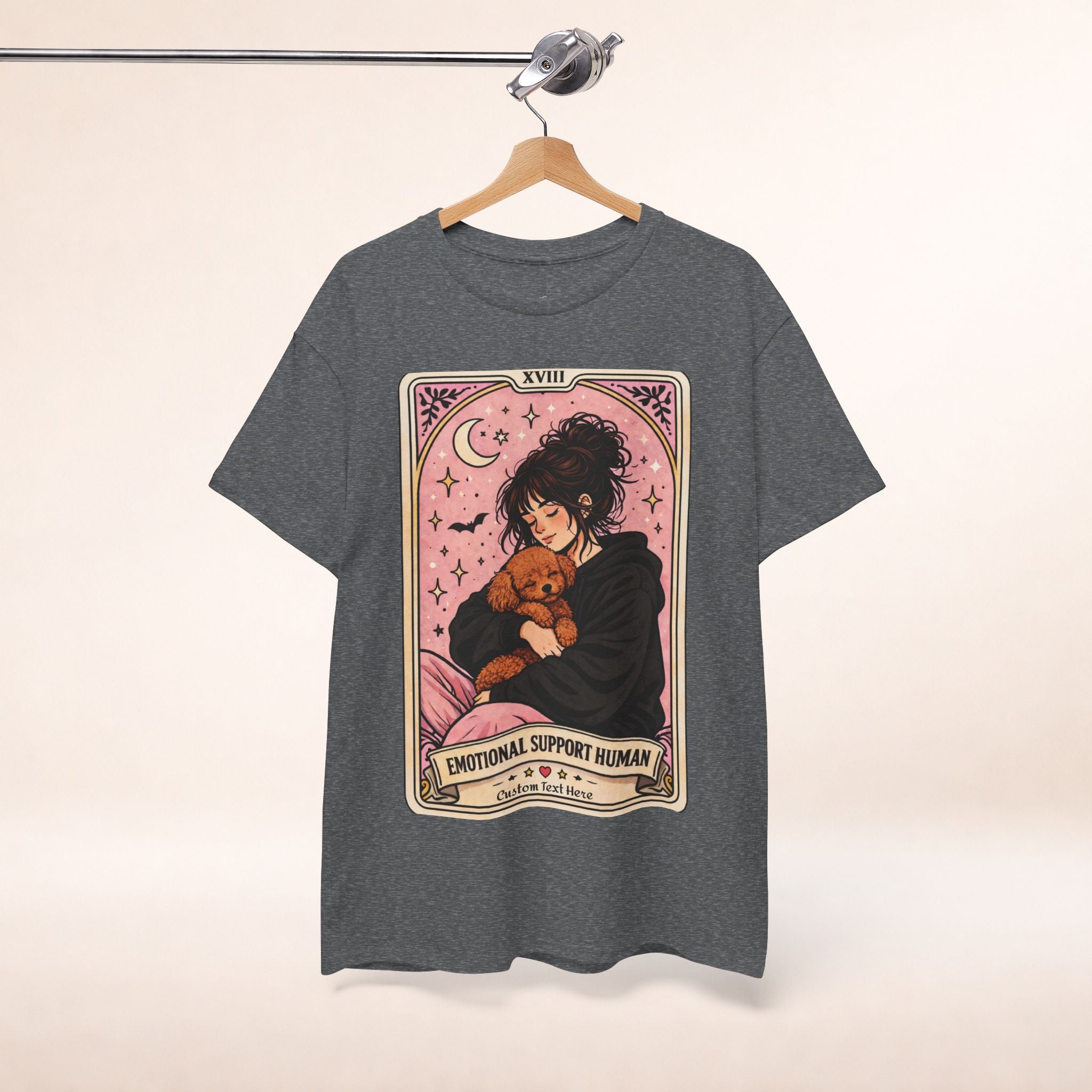 Personalized humorous Poodle Mom T-shirt featuring tarot-inspired design, perfect for emotional support and anxiety comfort.