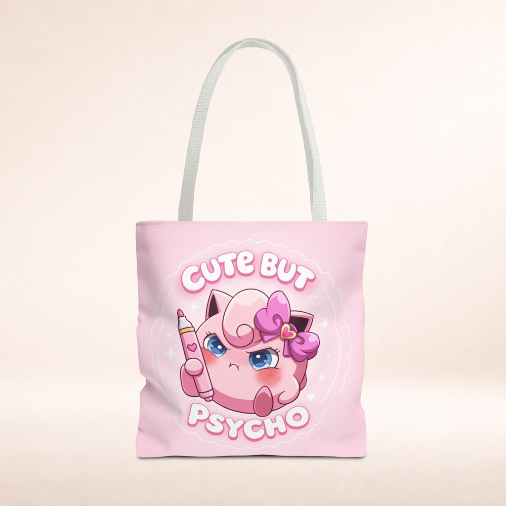 Pink "Cute But Psycho" tote bag by Printify, kawaii style shopper with bold text design and spacious fabric for everyday use.