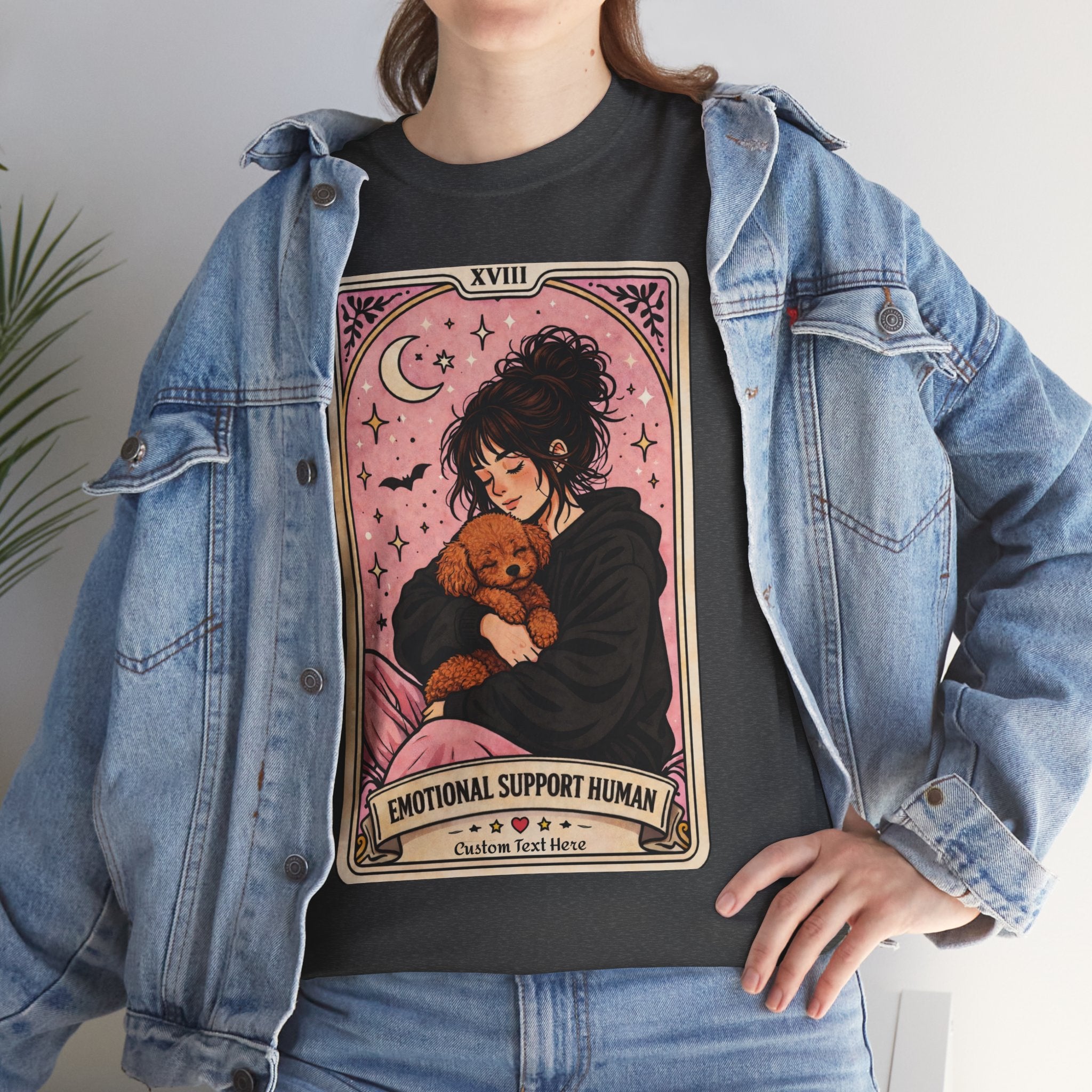 Personalized emotional support T-shirt featuring a humorous dog mom design with tarot aesthetic, perfect for Poodle moms.