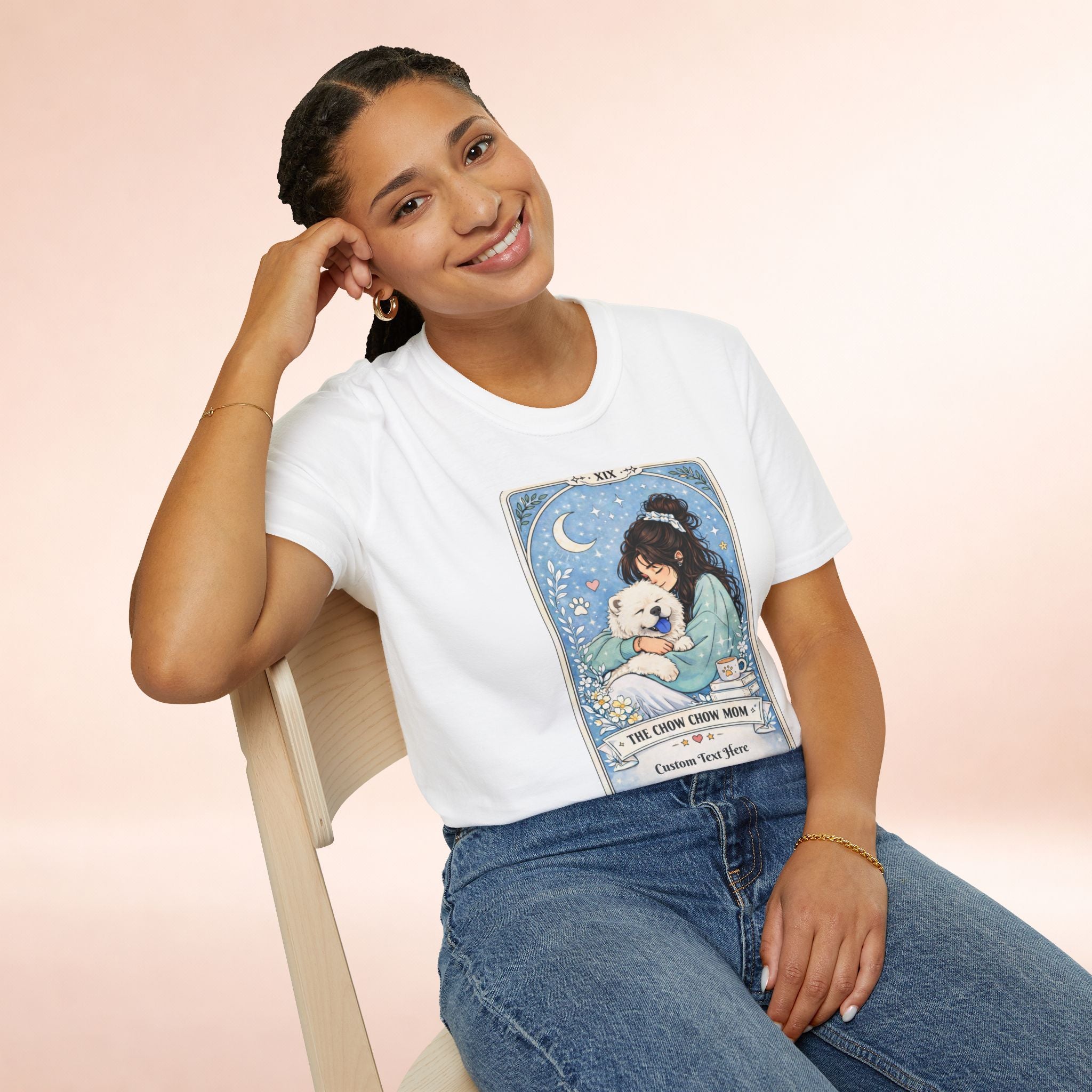 Personalized Chow Chow Mom tarot card T-shirt with custom name for dog lovers, featuring a colorful dog-themed design.