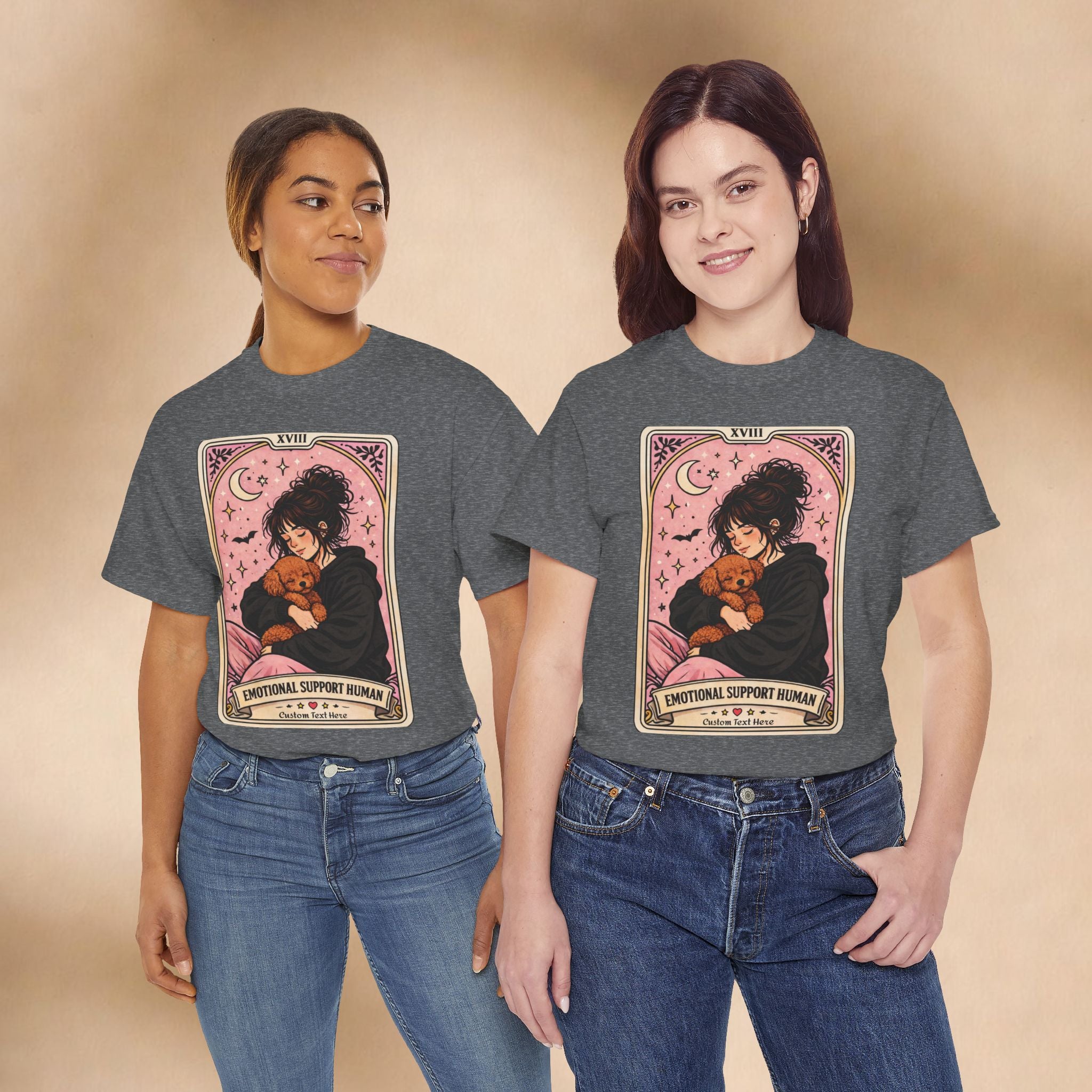 Personalized human T-shirt with humorous dog mom tarot design, featuring a Poodle Mom theme, for emotional support and comfort.