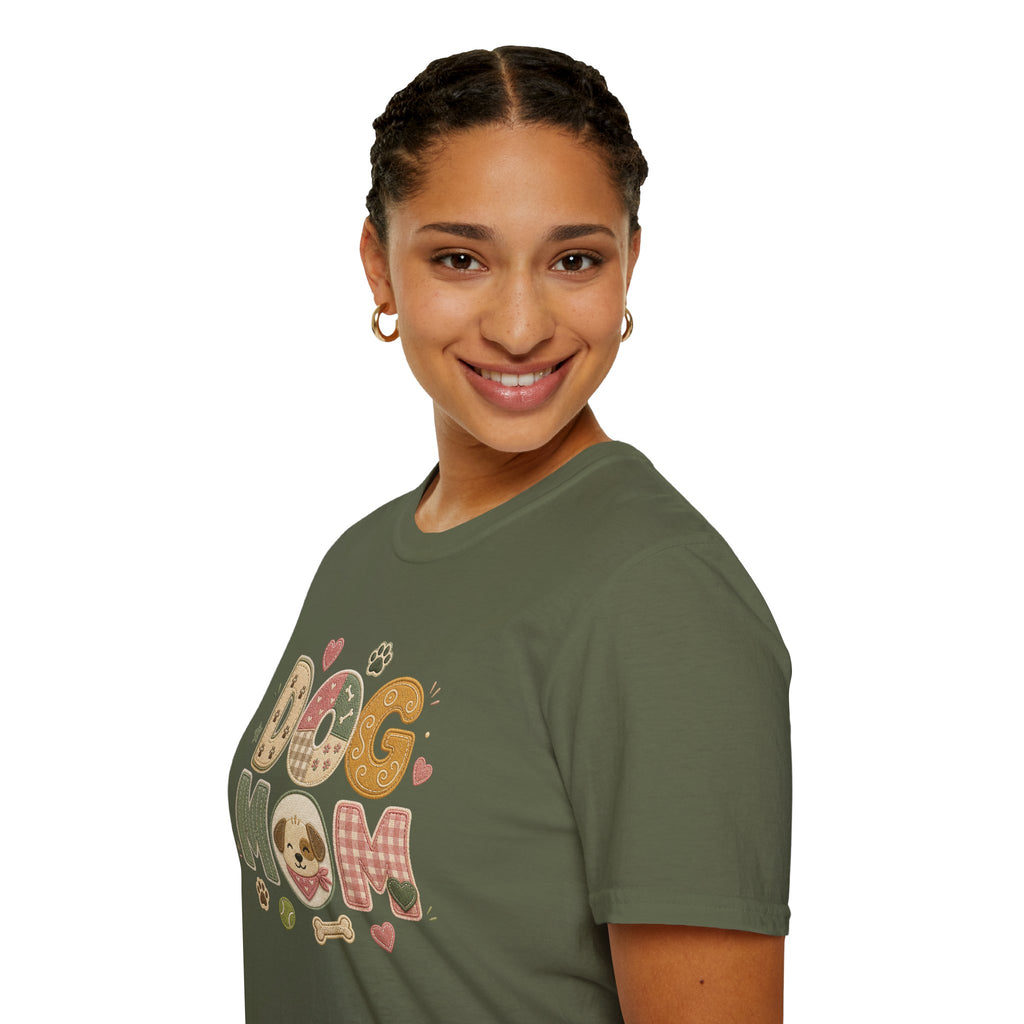 Colorful dog lover T-shirt featuring a patchwork style design for dog moms, made by Printify.