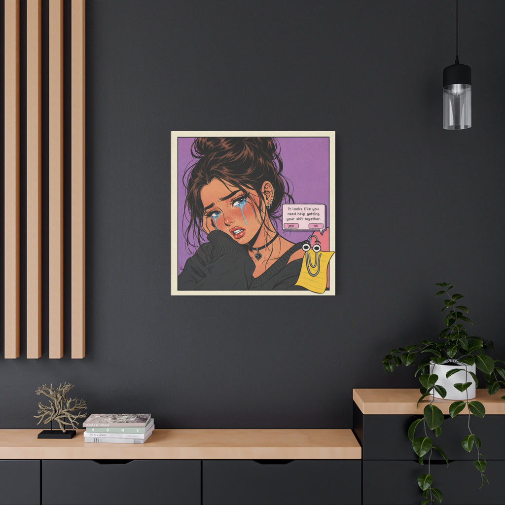 Retro sad girl pop art canvas print featuring bold text and vibrant colors, perfect wall decor for modern art fans.