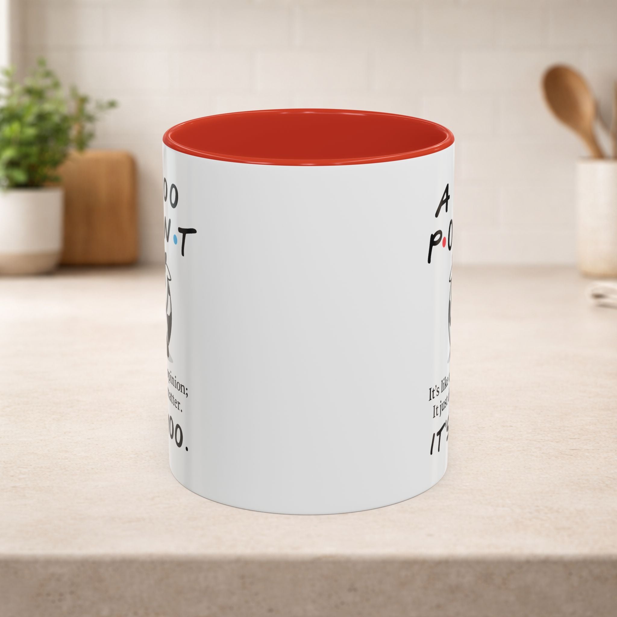 Friends Moo Point mug featuring a humorous cow opinion design, perfect for coffee or tea.
