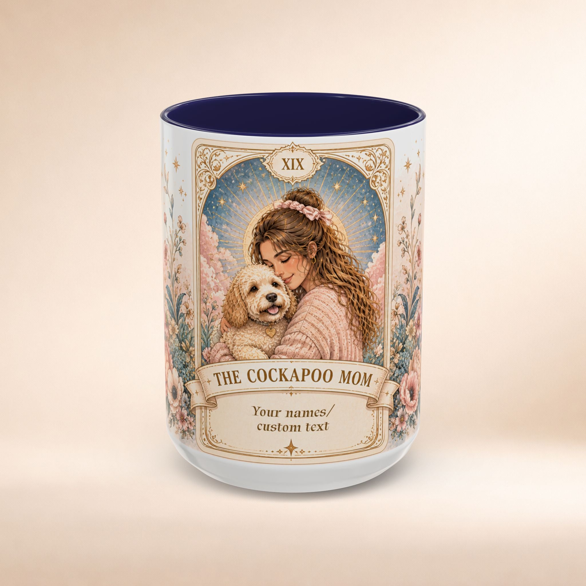 Personalized 'The Cockapoo Mom' floral tarot-style ceramic coffee mug with custom dog mom design, available in 11 and 15 oz sizes.