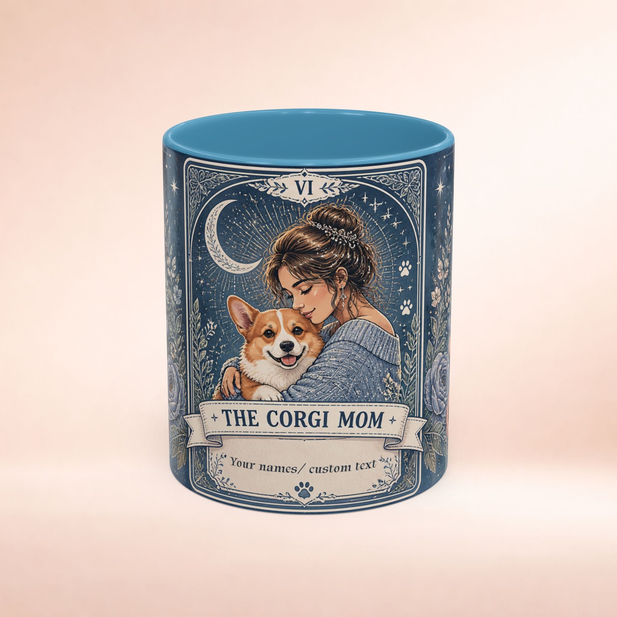 Personalized 'The Corgi Mom' tarot card coffee mug with dog-themed design, ideal for dog mom gift, custom printed by Printify.