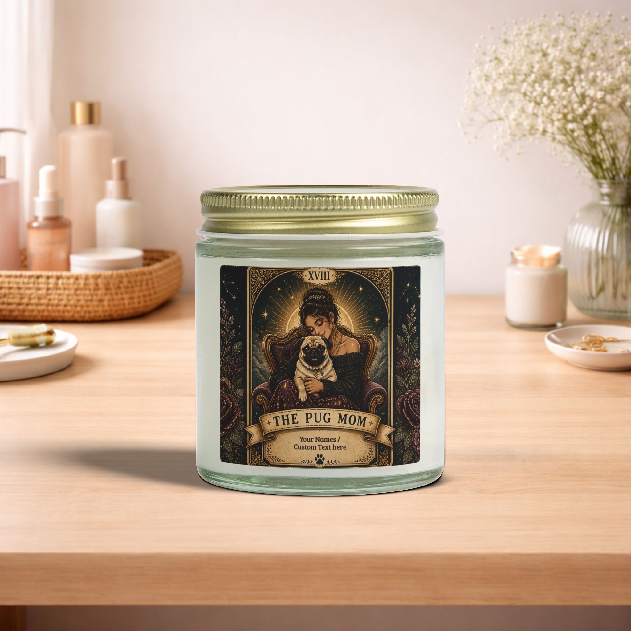 Custom Tarot 'The Pug Mom' scented candle featuring coconut apricot fragrance in 4oz and 9oz sizes, with a unique design.