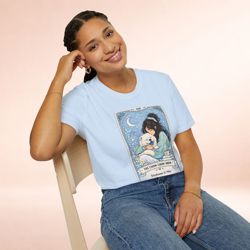 Personalized Chow Chow Mom T-shirt with custom dog mom name and tarot card design, perfect for Chow Chow lovers.