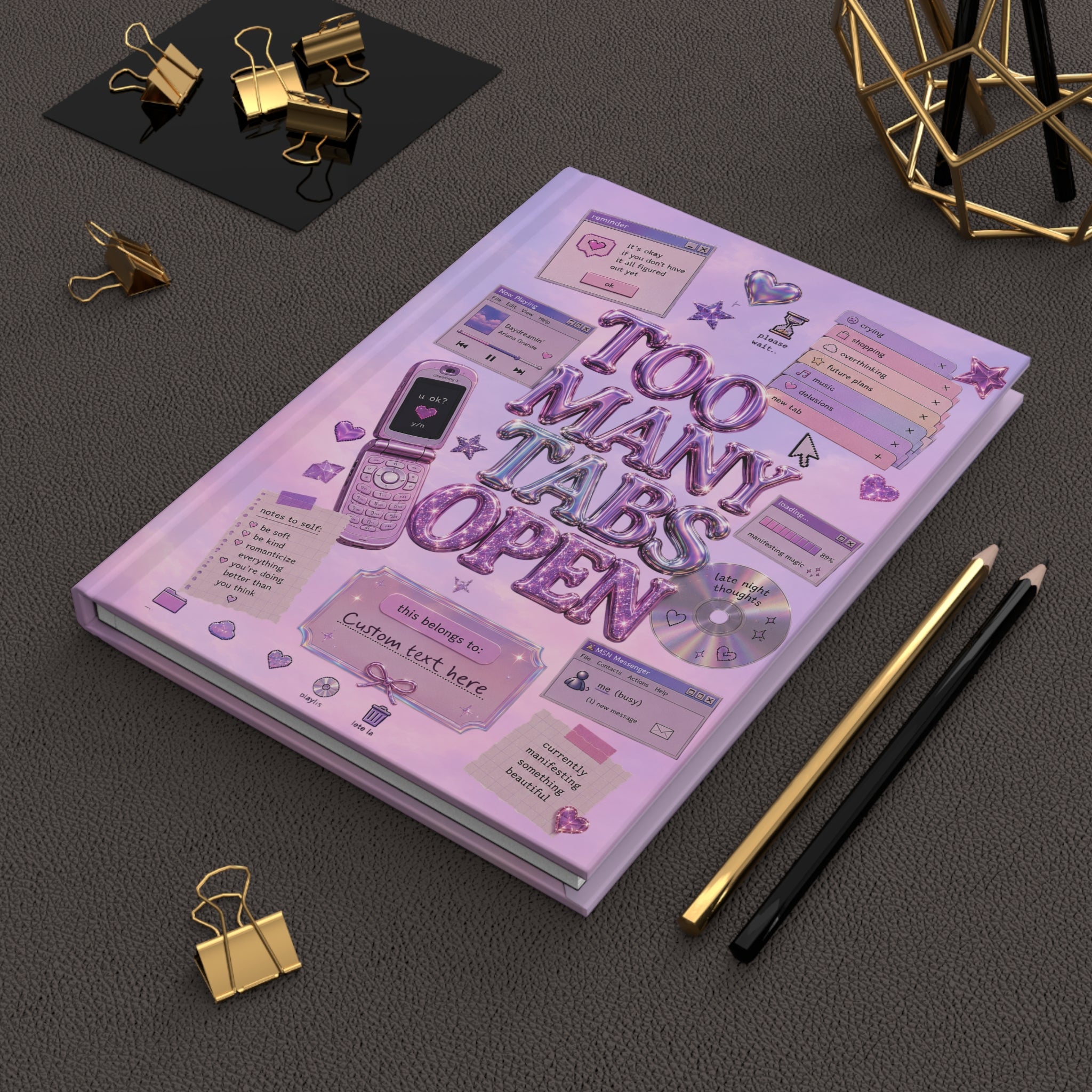 Pink retro journal with "Too Many Tabs Open" Y2K internet girl aesthetic design, personalized notebook for paper lovers.