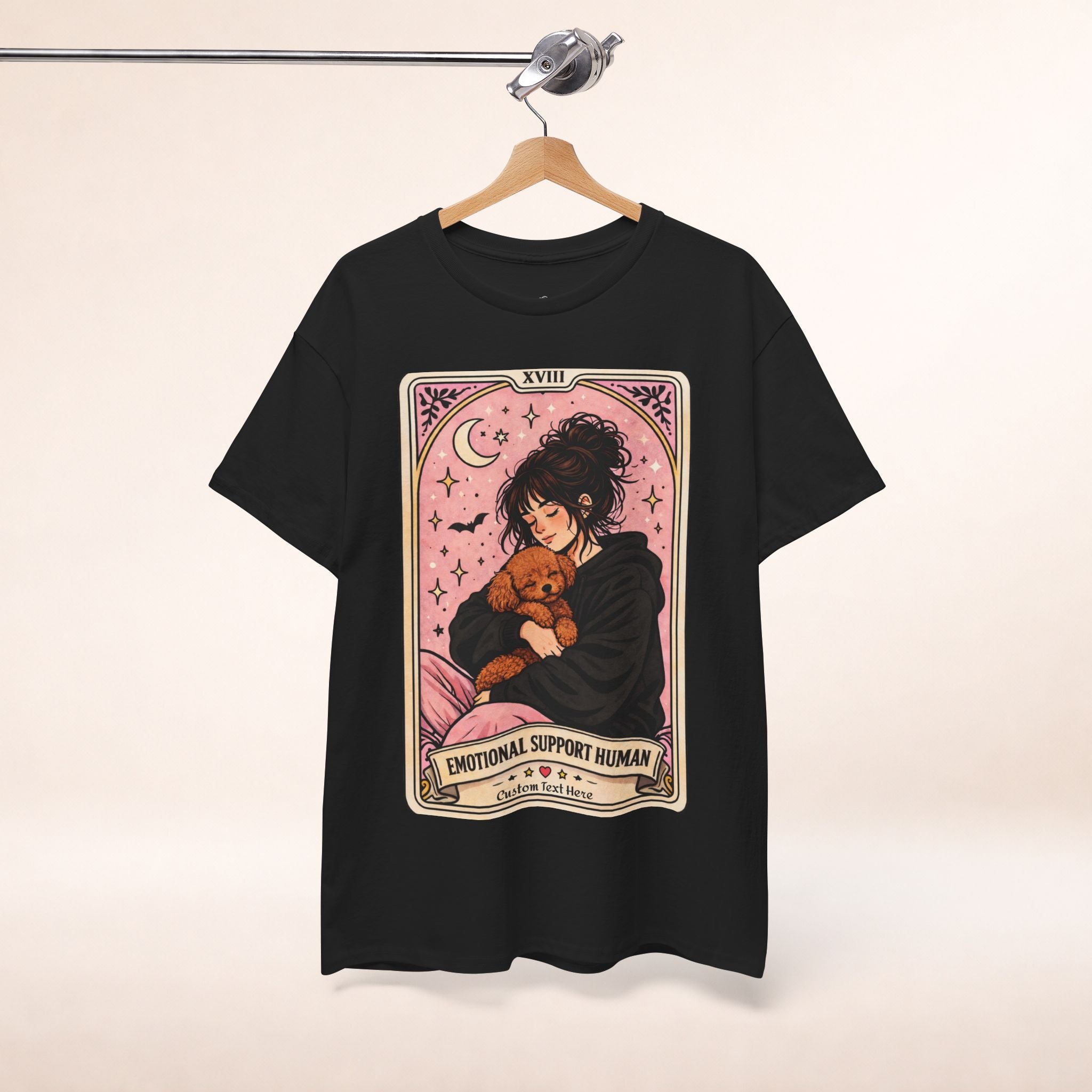Personalized humorous dog mom T-shirt featuring a tarot-inspired design, perfect for anxiety comfort and emotional support.