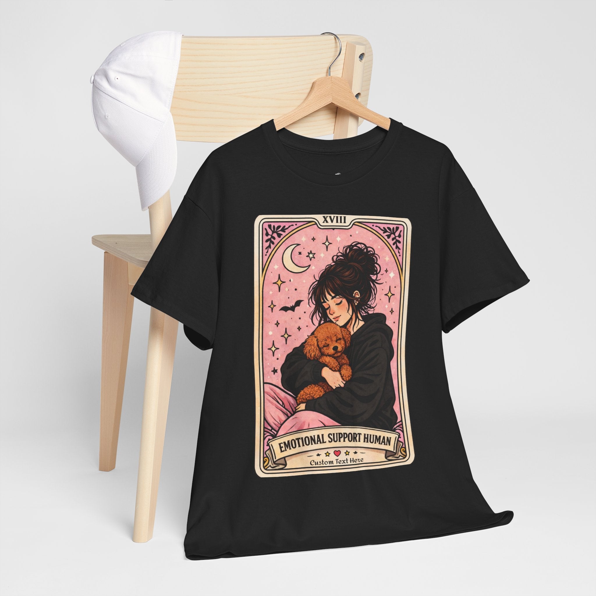 Personalized emotional support T-shirt featuring a funny dog mom tarot design, perfect for poodle moms seeking comfort and humor.