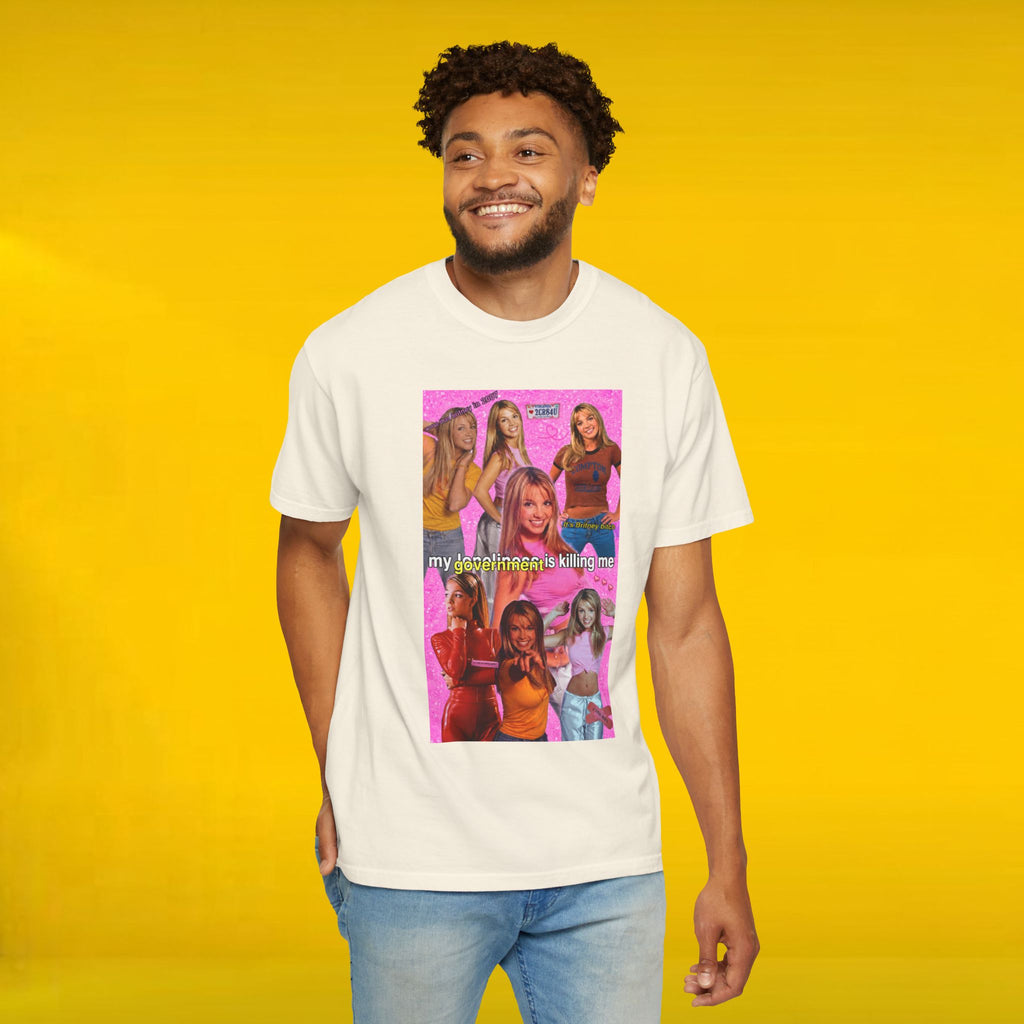 Cotton Y2K Britney Spears "My Loneliness Is Killing Me" government meme T-shirt, white with printed graphic, casual fit.