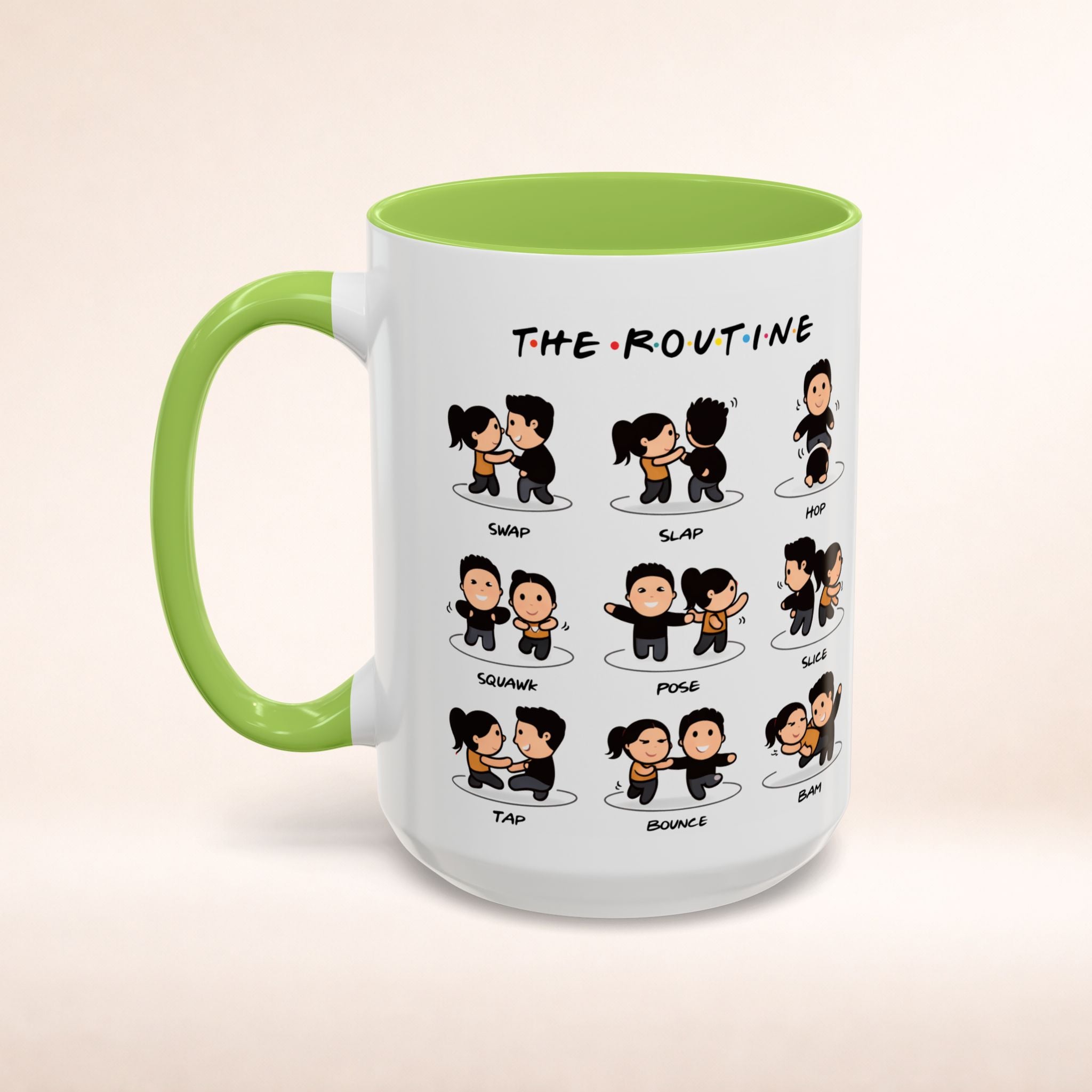 Friends-inspired funny "The Routine" accent coffee mug by Printify, featuring a humorous quote on a ceramic mug.
