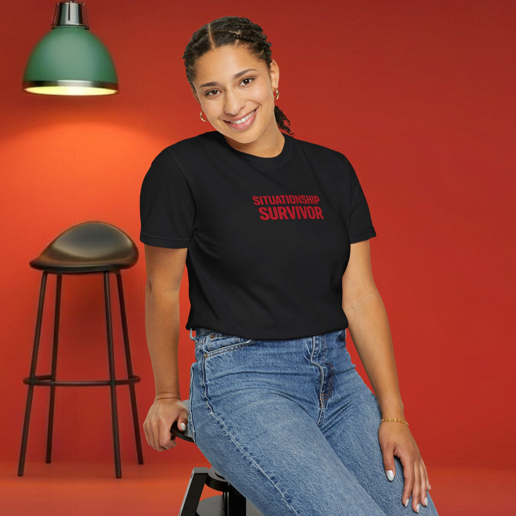 Funny Situationship Survivor T-shirt for women by Printify featuring humorous relationship and breakup design.