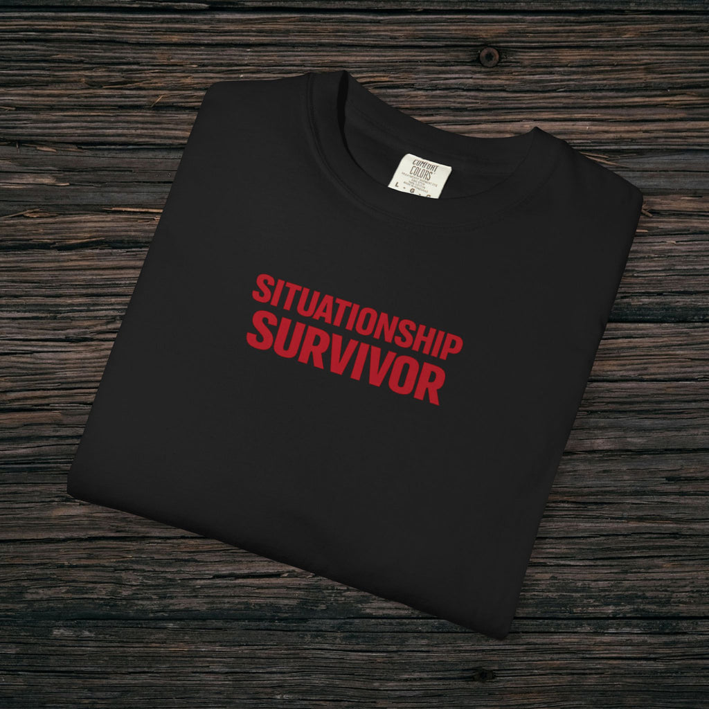 Funny Situationship Survivor T-shirt for women featuring ironic breakup humor, ideal for single life or relationship humor fans.