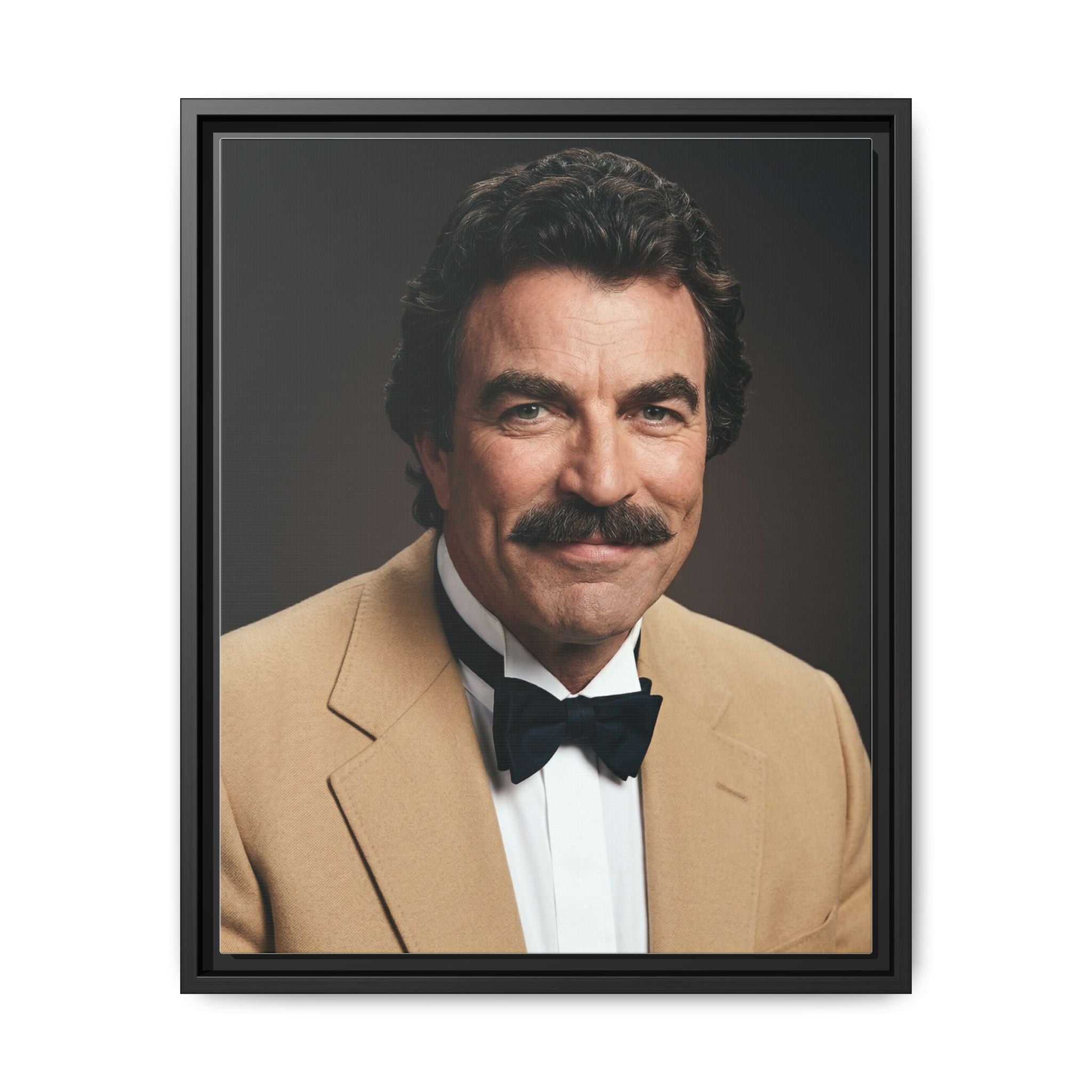 Vintage framed canvas print of a retro man cave bar portrait featuring a man, with a wooden frame included.