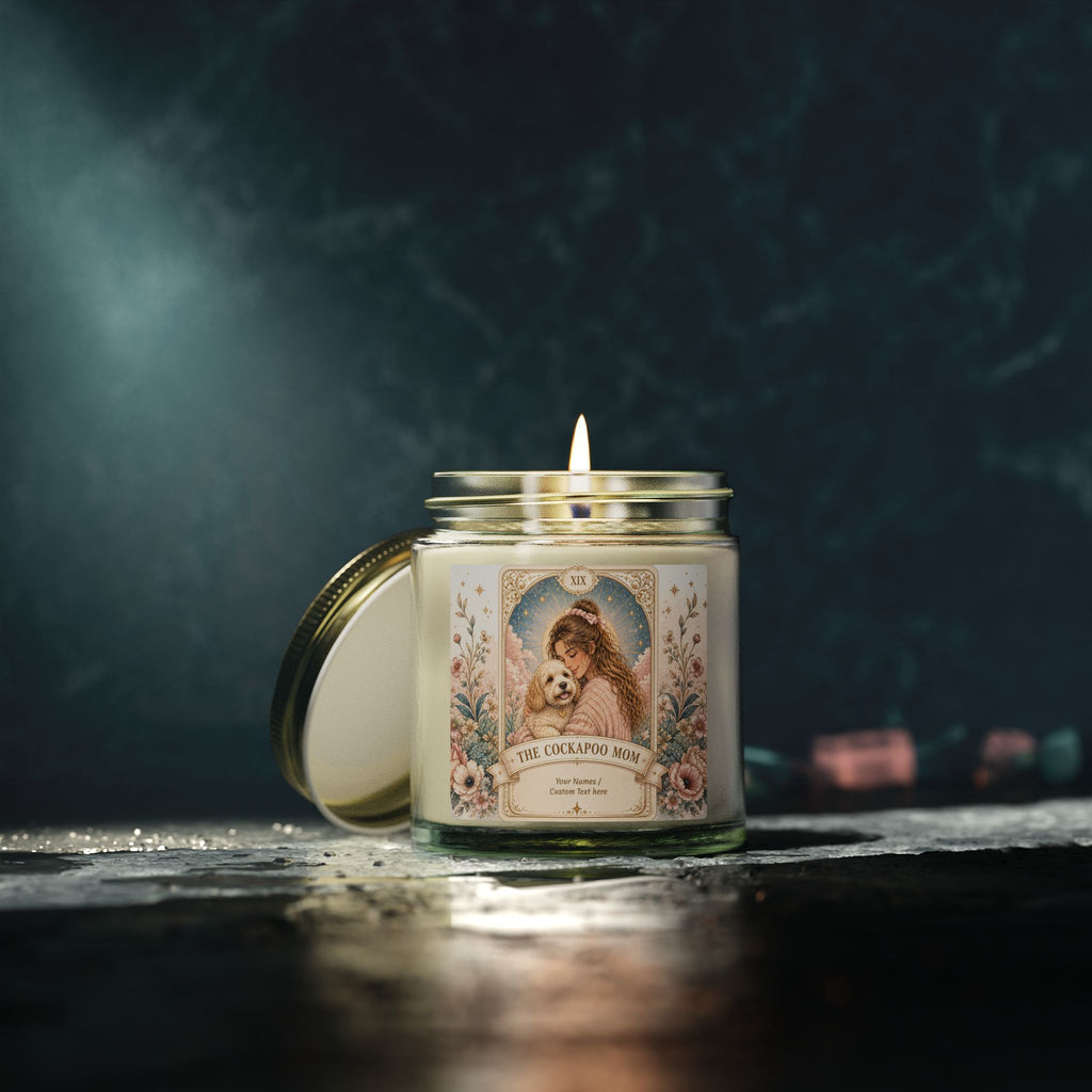 Personalized Tarot 'The Cockapoo Mom' scented candle in coconut apricot scent, 4oz or 9oz, with custom design and label.