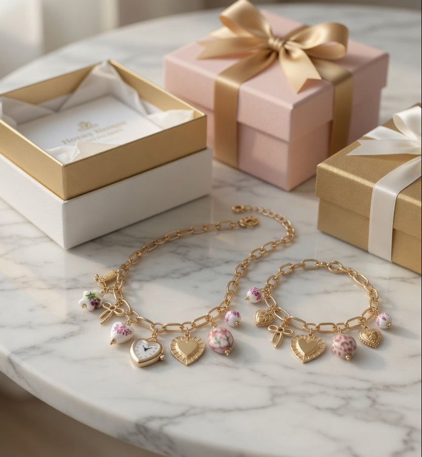 Pink ceramic and gold boho floral heart necklace and bracelet by CloudRaspberry Studio, featuring watch charm and delicate jewelry details