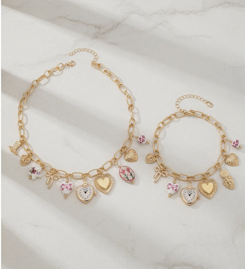 Pink ceramic and gold boho floral heart charm necklace and bracelet by CloudRaspberry Studio, featuring watch accents and delicate design.