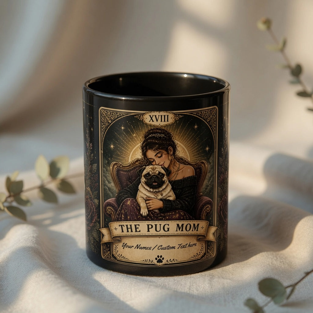 Personalized black ceramic mug with vintage tarot-style design and "The Pug Mom" text, perfect for pug lovers and custom gift options.