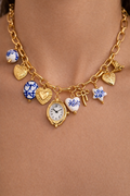Blue ceramic faux watch charm necklace and bracelet set by CloudRaspberry Studio featuring gold porcelain accents.