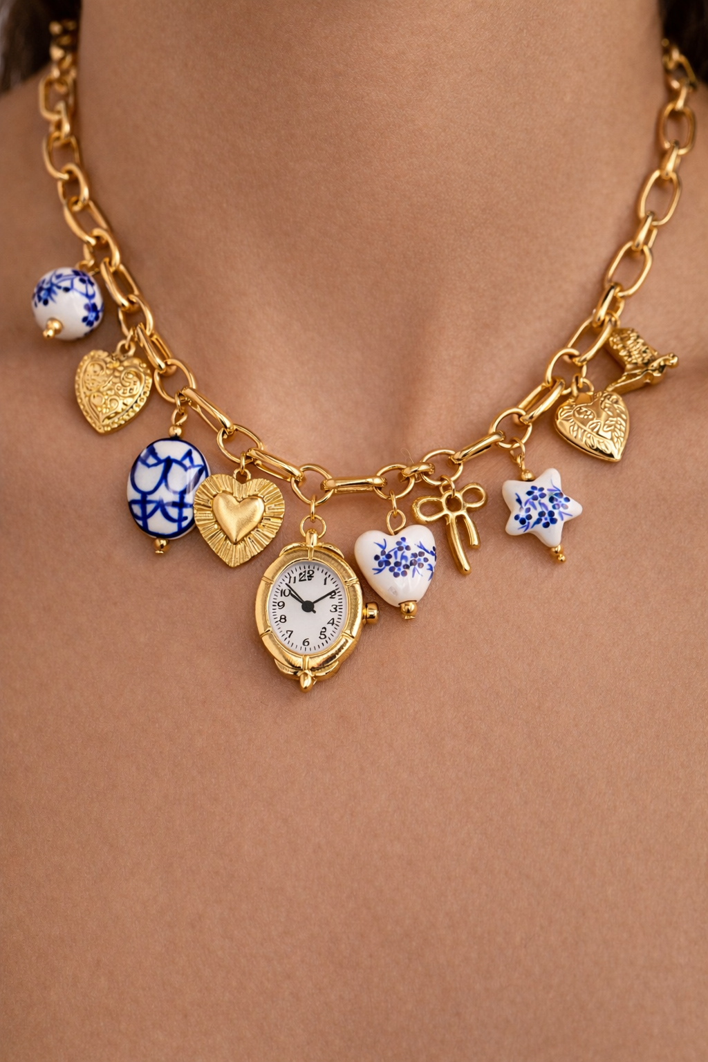 Blue ceramic faux watch charm necklace and bracelet set by CloudRaspberry Studio featuring gold porcelain accents.