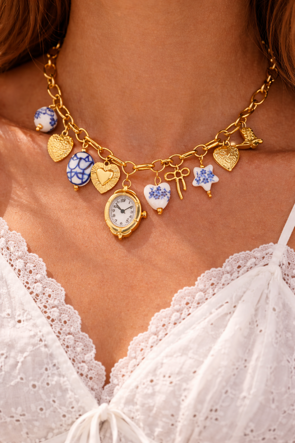 Blue ceramic faux watch charm necklace and bracelet set with gold porcelain accents from CloudRaspberry Studio.