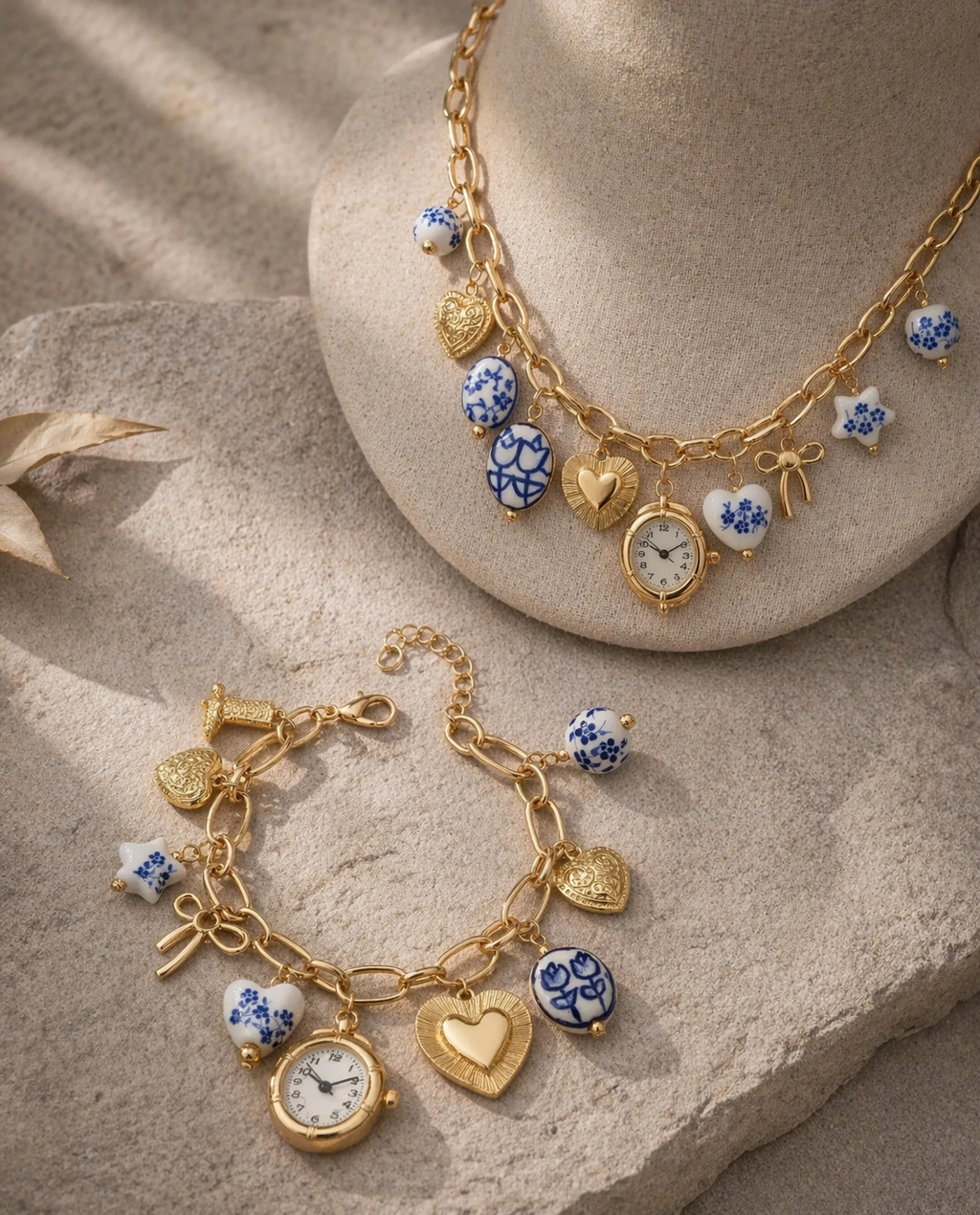 Blue ceramic faux watch charm necklace and bracelet set by CloudRaspberry Studio featuring gold porcelain accents.