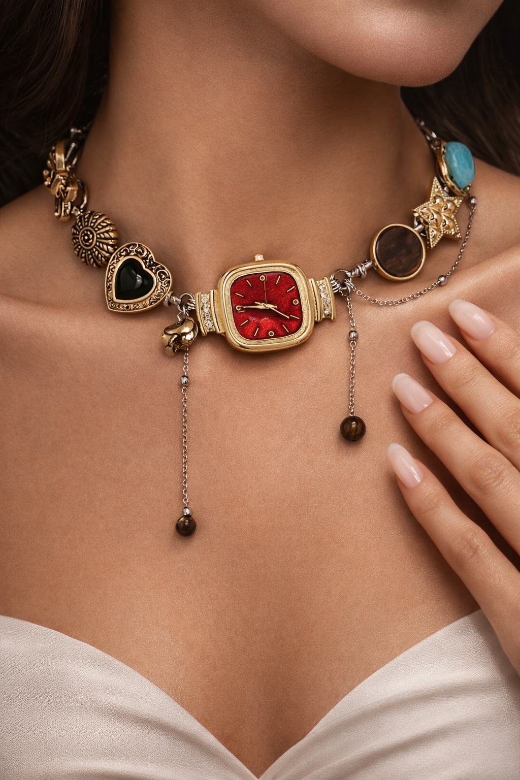 Boho black vintage whimsical watch choker necklace with square pendant and black or red dial by CloudRaspberry Studio