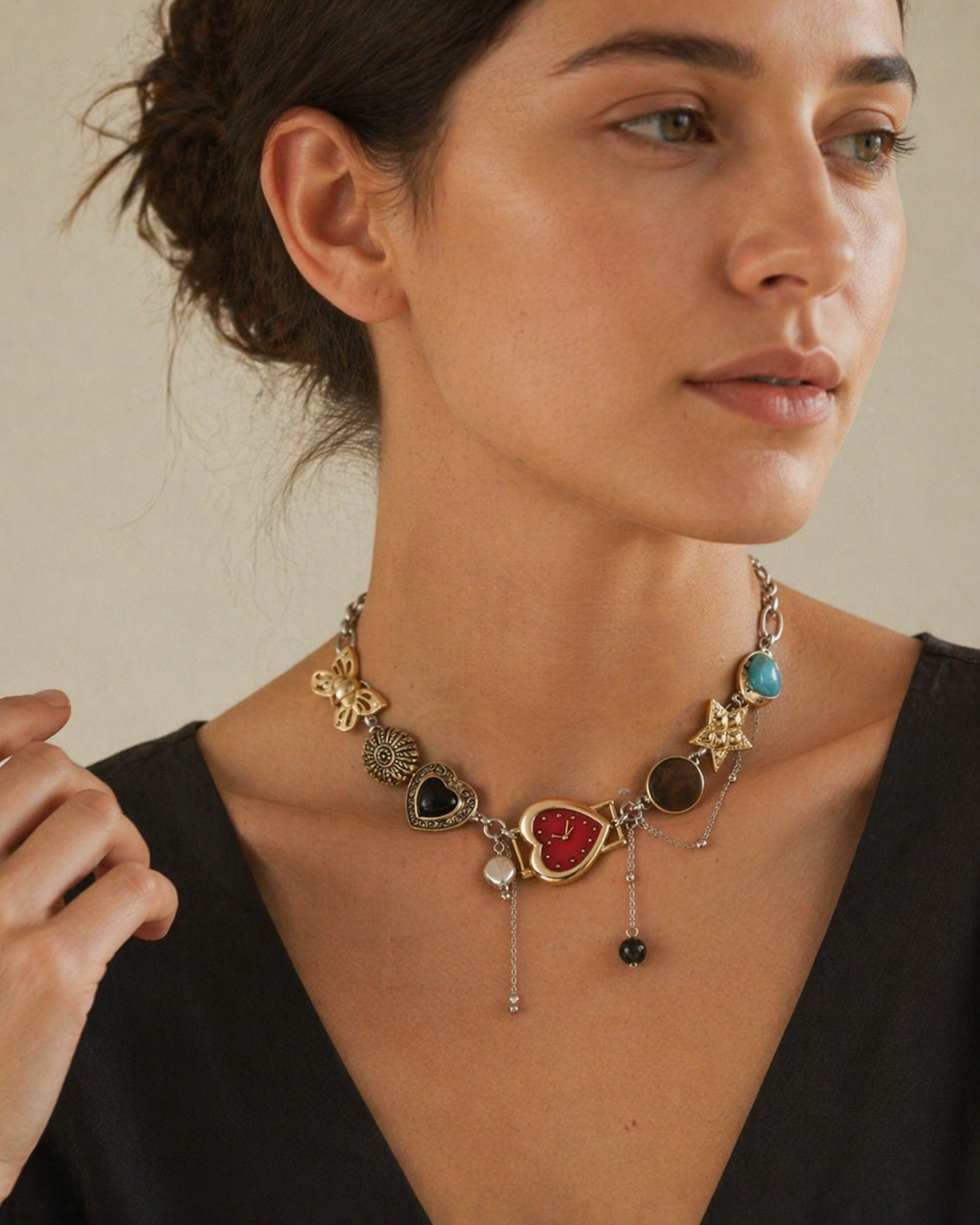 Boho black heart vintage choker necklace with whimsical pendant and black or red dial from CloudRaspberry Studio.