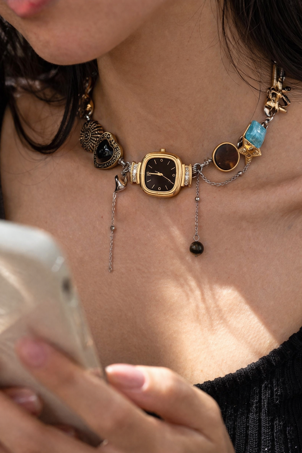 Boho black vintage whimsical watch choker necklace with square pendant, black or red dial, by CloudRaspberry Studio.