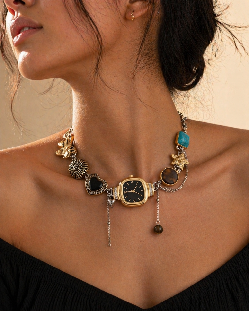 Boho Black vintage whimsical watch choker necklace with square pendant and black dial, by CloudRaspberry Studio.