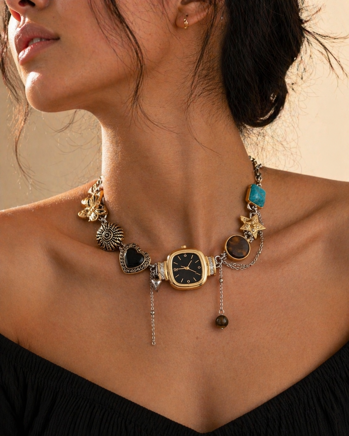 Boho Black vintage whimsical watch choker necklace with square pendant and black dial, by CloudRaspberry Studio.
