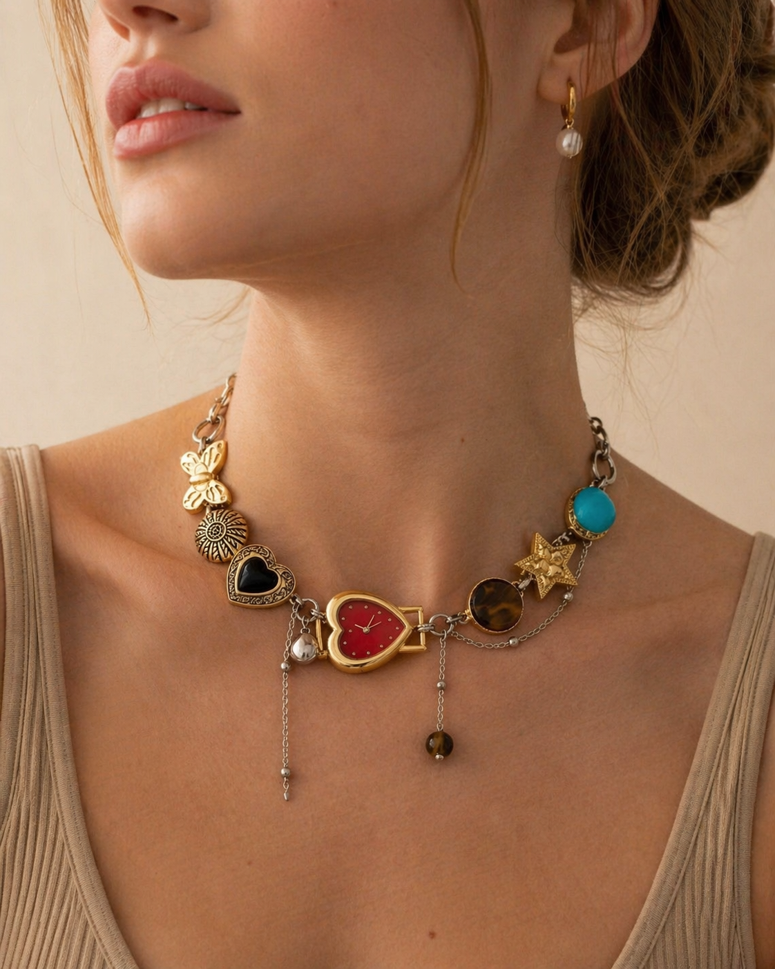 Boho black heart vintage choker necklace with whimsical pendant, features black or red dial, by CloudRaspberry Studio.