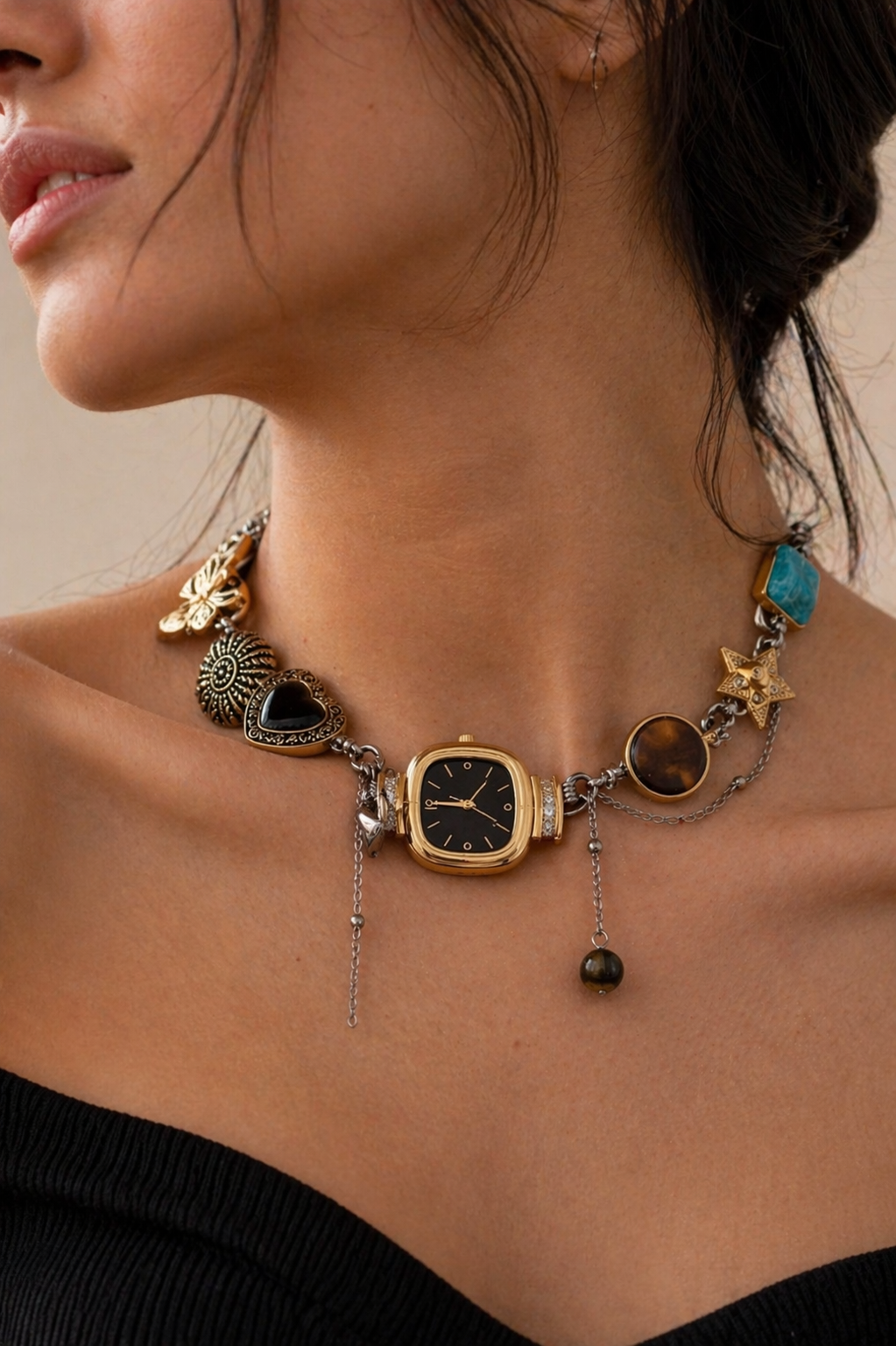Boho black vintage whimsical watch choker necklace with square pendant and black or red dial, by CloudRaspberry Studio.