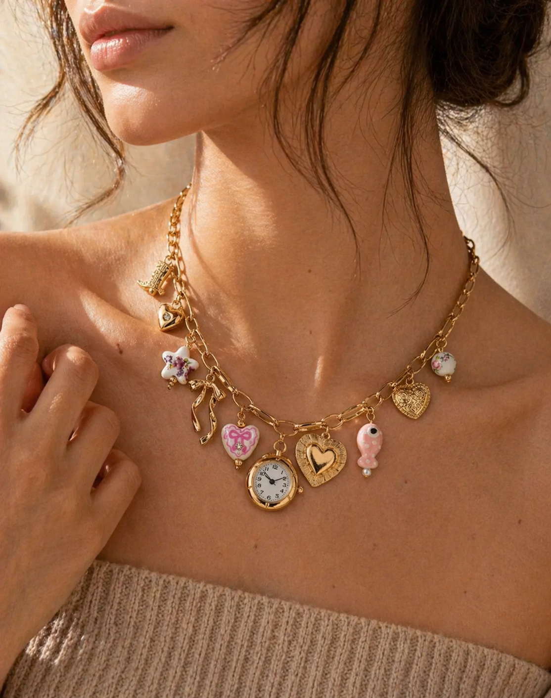 Pink ceramic watch charm necklace and bracelet set with gold floral fish and bow designs by CloudRaspberry Studio.
