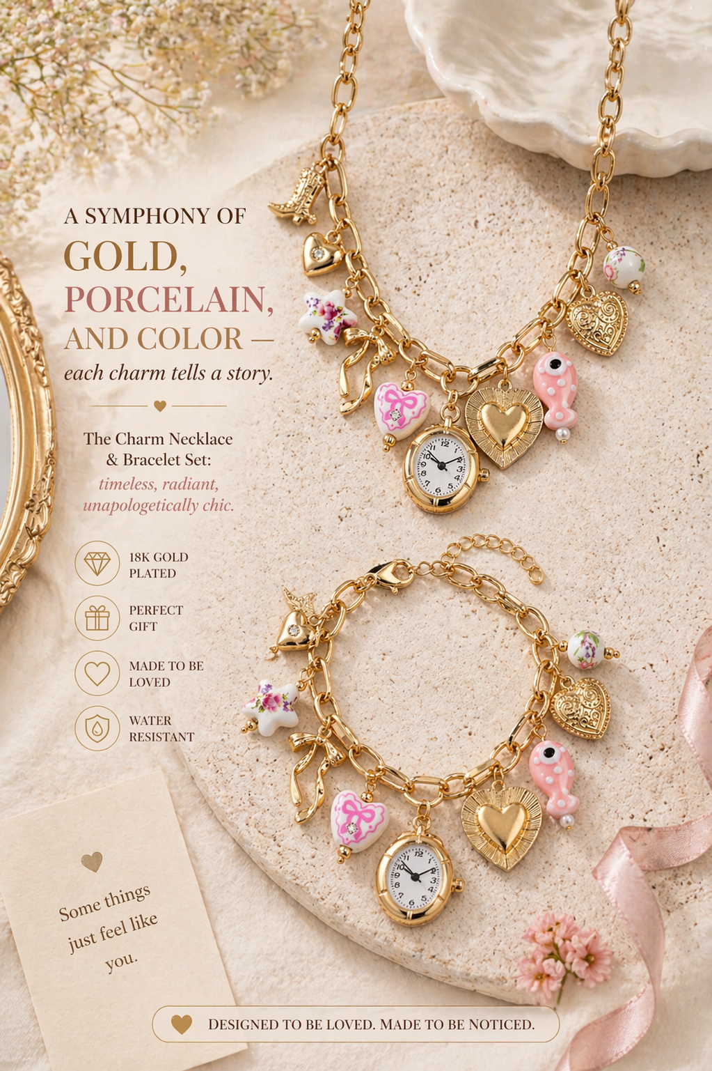 CloudRaspberry Studio pink ceramic watch charm necklace featuring gold floral fish and bow set with matching bracelet.