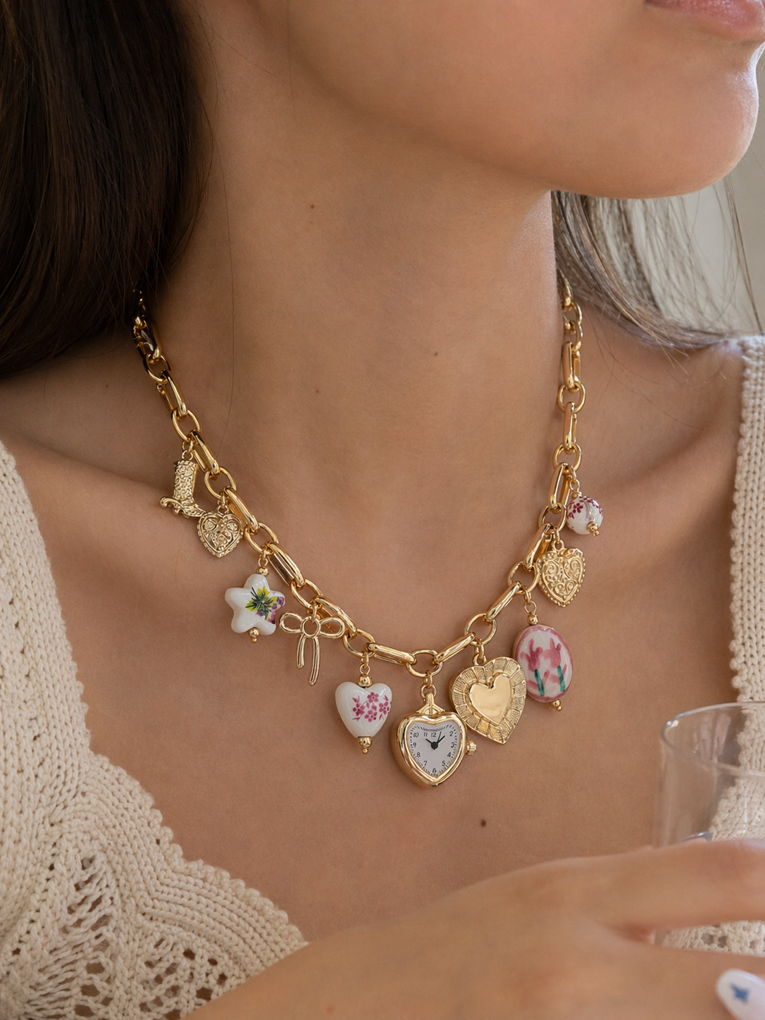 Pink ceramic and gold boho floral heart necklace and bracelet by CloudRaspberry Studio, featuring charming watch charm accessories.