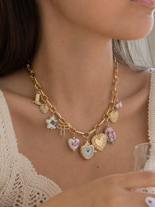 Pink ceramic and gold boho floral heart necklace and bracelet by CloudRaspberry Studio, featuring charming watch charm accessories.