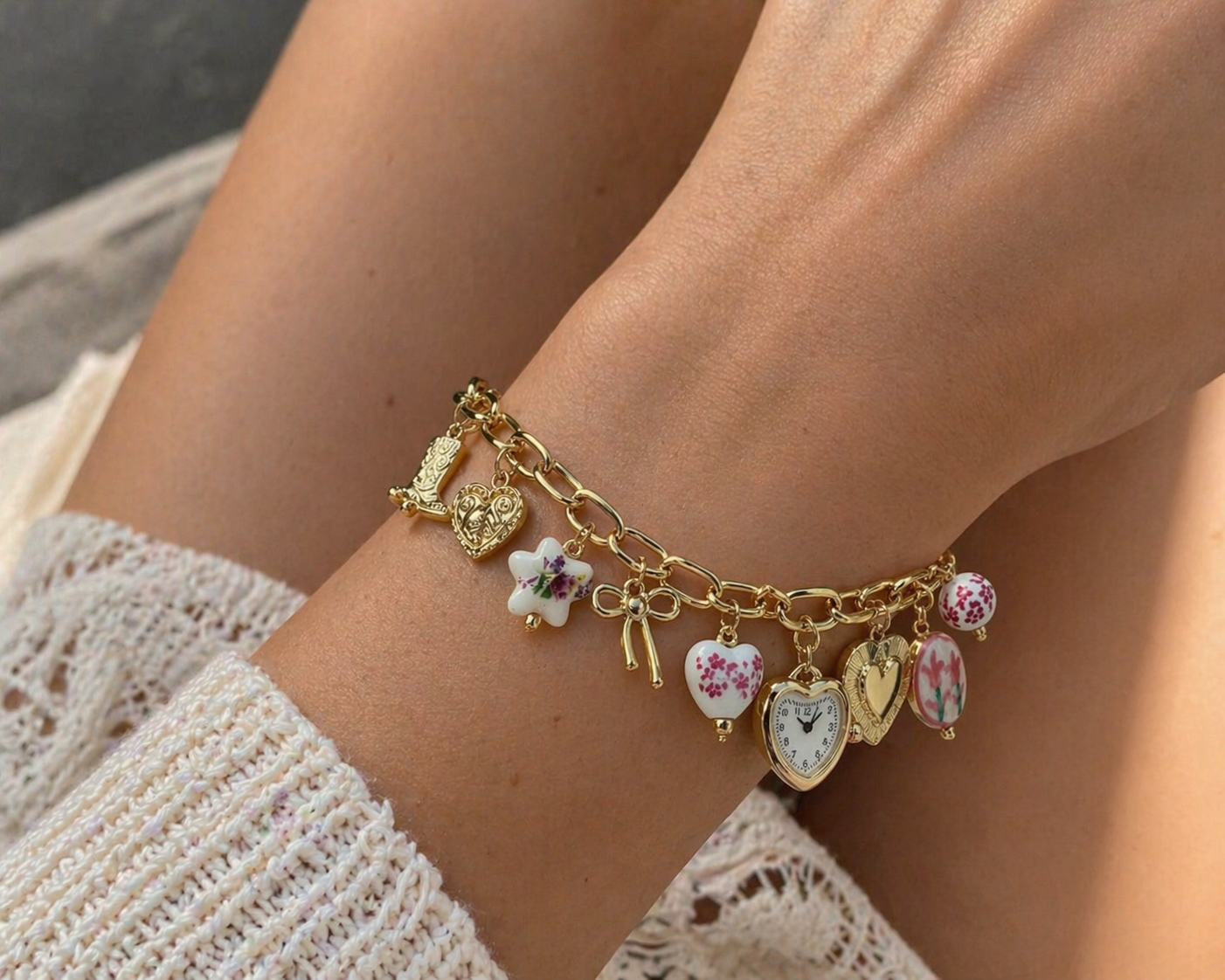 Pink ceramic and gold boho floral heart charm necklace by CloudRaspberry Studio, featuring watch and bracelet accessories.