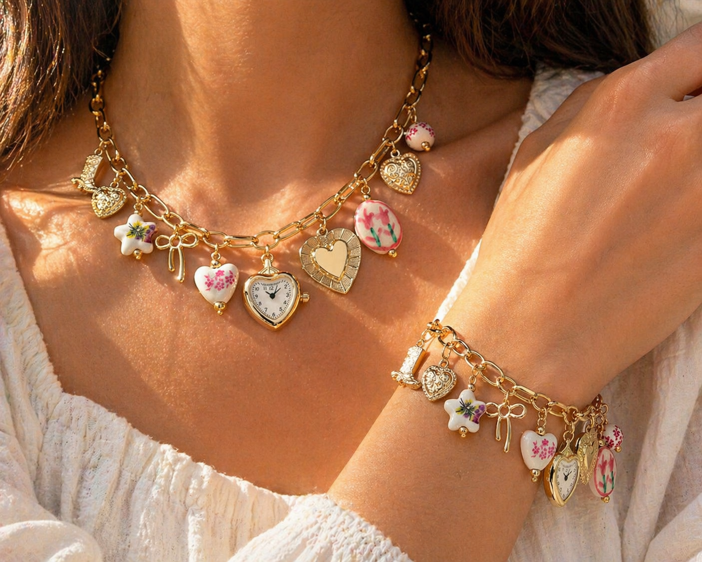 Pink ceramic boho floral heart necklace and bracelet by CloudRaspberry Studio featuring gold accents and watch charm details.